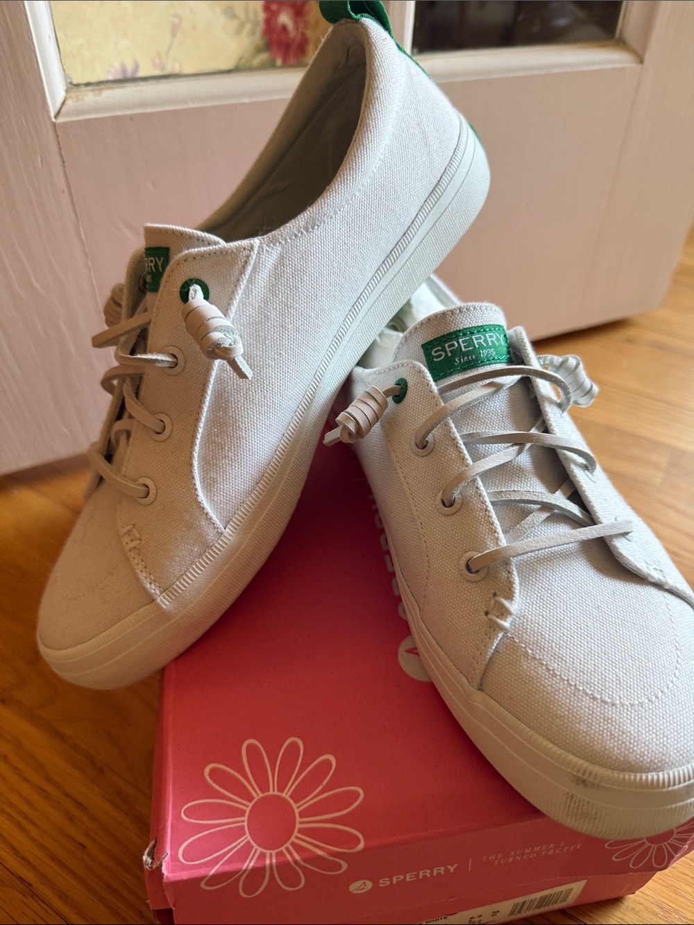 Sperry Off-White Canvas Lace-Up Sneakers with Green Accents